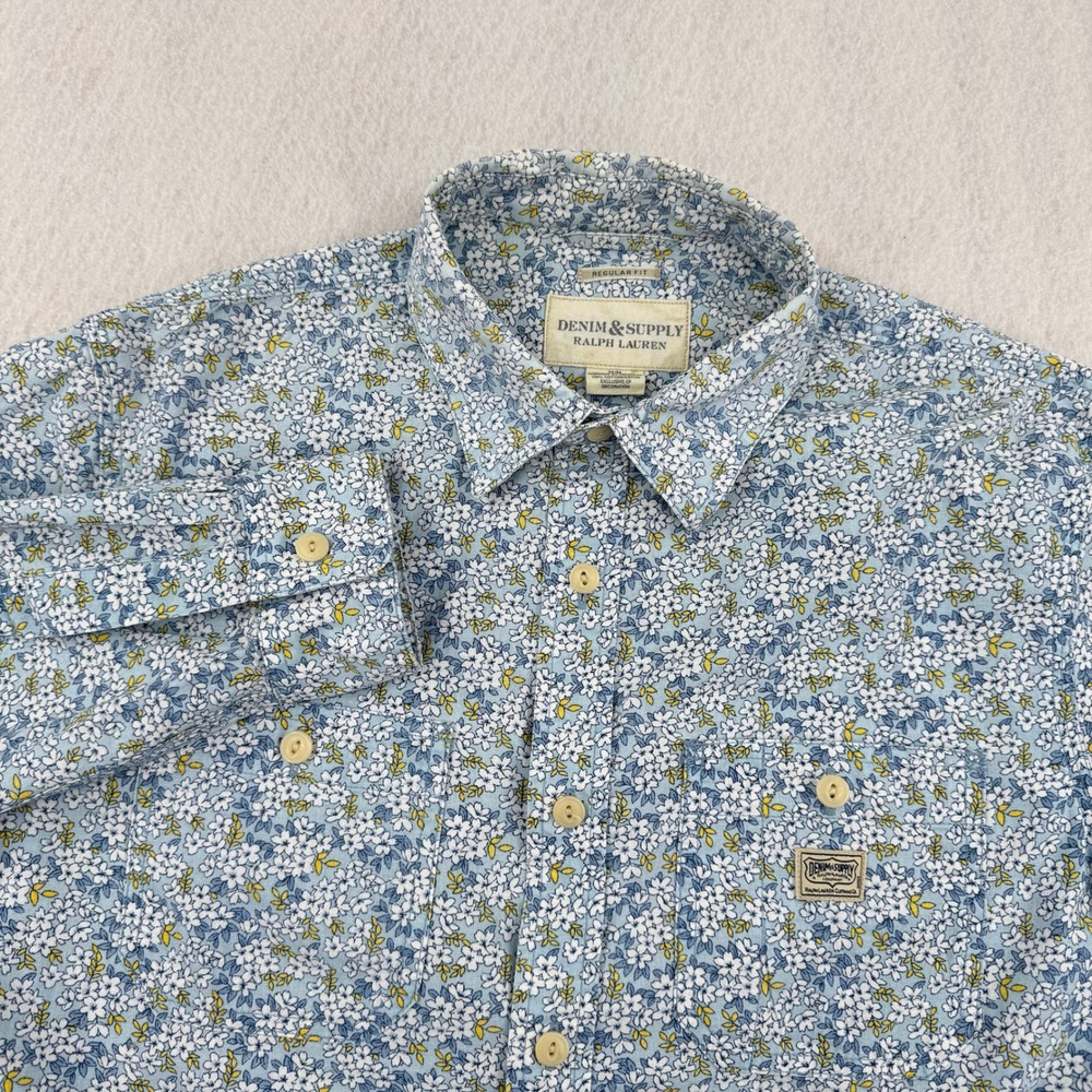 Vintage Denim & Supply Ralph Lauren Mens M Blue Floral Cotton Button Down Shirt